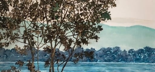 Clio’s Art Collection – Jared Rue; Jared Rue painting with green tree facing blue lake and mountain landscape