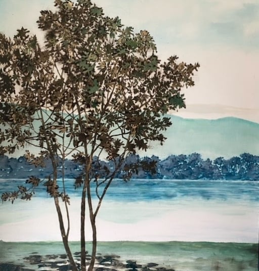 Clio’s Art Collection – Jared Rue; Jared Rue painting with green tree facing blue lake and mountain landscape