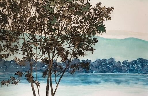 Clio’s Art Collection – Jared Rue; Jared Rue painting with green tree facing blue lake and mountain landscape