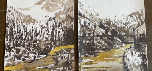 black and green painting of mountain, trees and lake