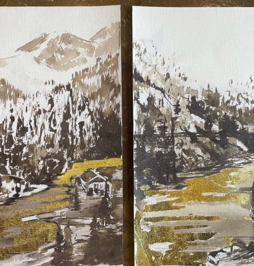 black and green painting of mountain, trees and lake