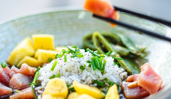close up view of a poke bowl