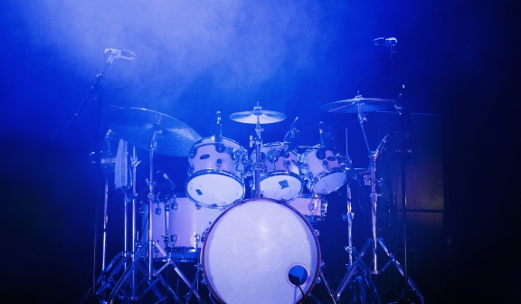 a drum set on a stage